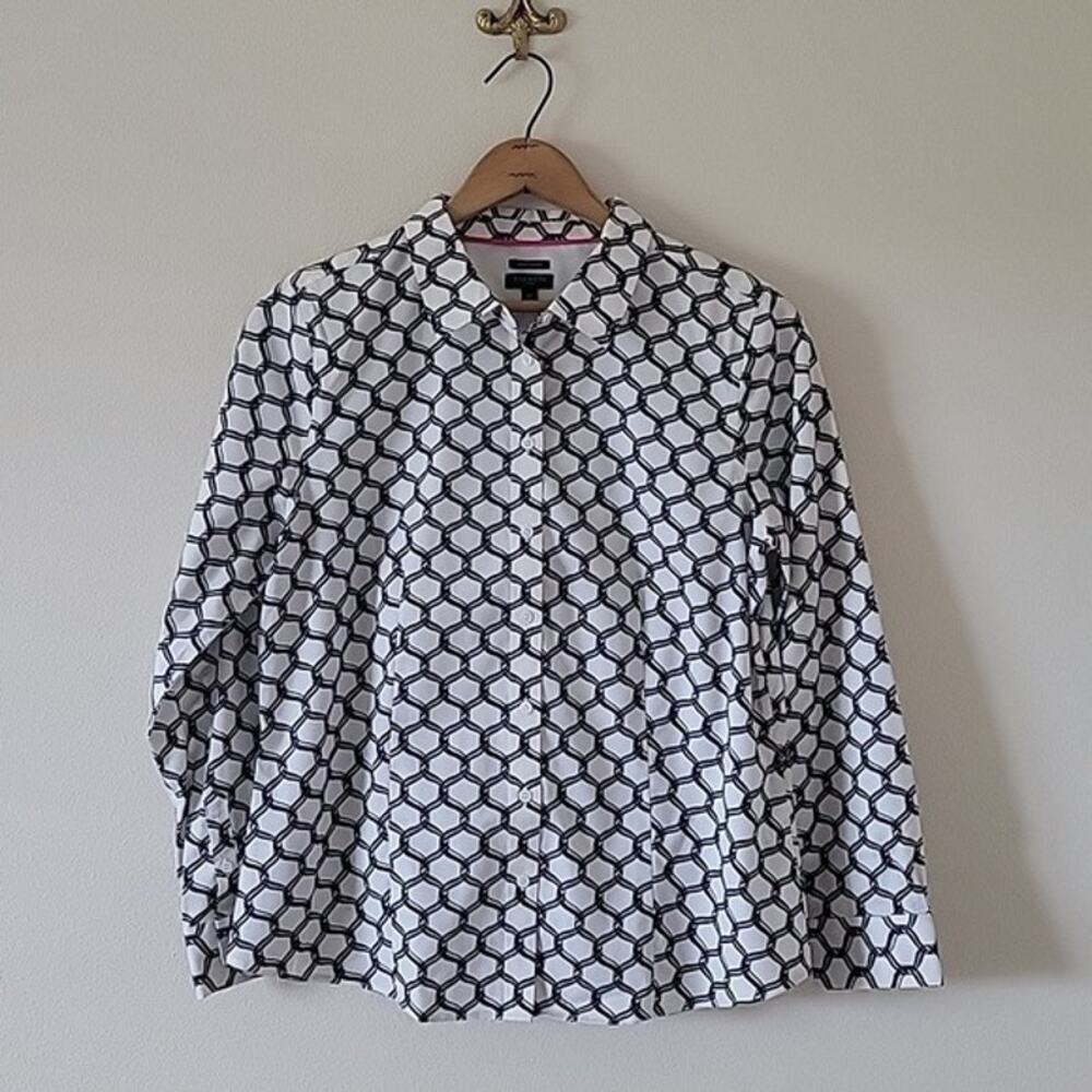Talbots White Black Chain Link Print Wrinkle Resistant Button Down Size 12P